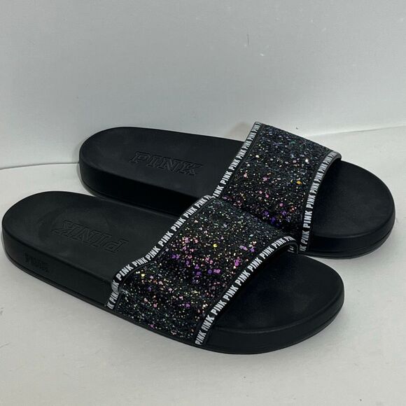 Victoria's Secret PINK Women's Black Purple Glitter Bling Slide Sandal Size 7-8 - Picture 1 of 8
